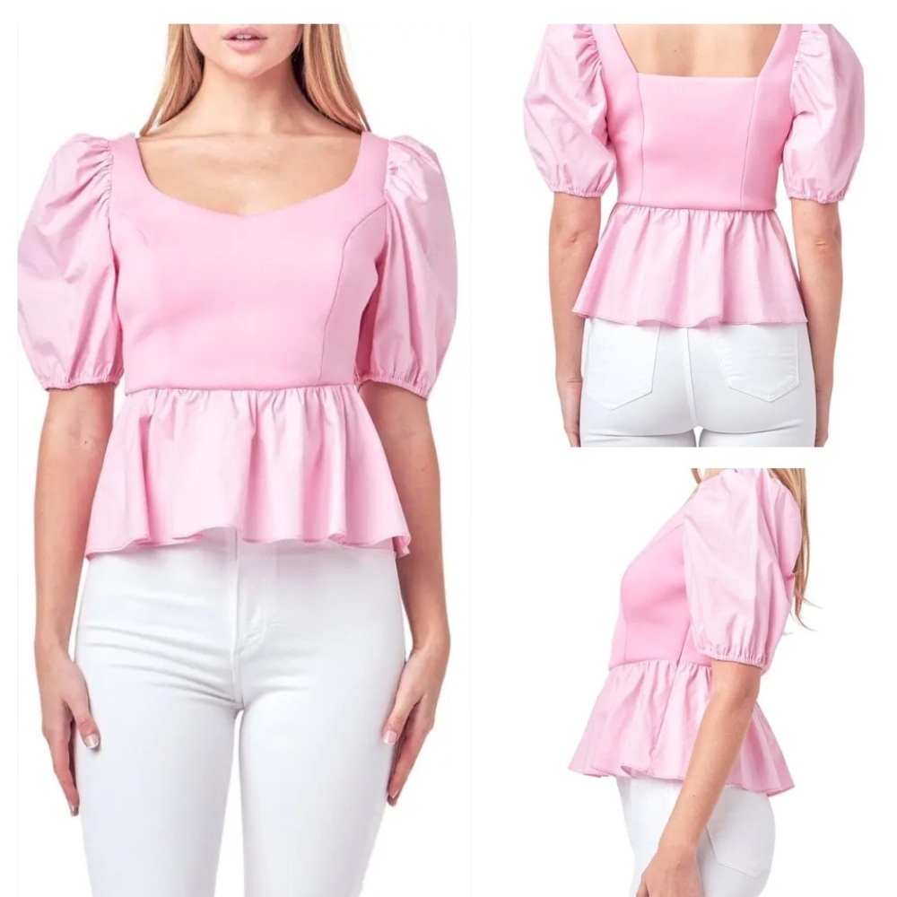 English Factory Puff Sleeve Peplum Mixed Media Top in Pink - size small